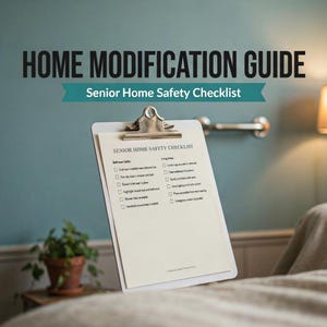 以下が含まれることがあります： Senior Home Safety Checklistというタイトルの用紙を挟んだクリップボード。バスルームの安全性とリビングエリアに関するチェックボックスが2列に並んでいます。手すり、滑り止めマット、照明などの項目が記載されており、背景は青緑色の壁です。