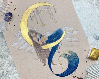 Mermaid Art Print, Moon Art Witchy Decor, Moon Phases Mermaid Painting, Night Sky Print, Witchy Stuff, Crescent Moon Decor, Moon Wall Art