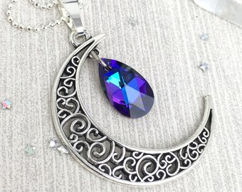 Crystal Moon Necklace with Dangling Sparkly Crystal for everyday, galaxy cosmic necklace fantasy witchy jewelry, trendy goth moon child gift