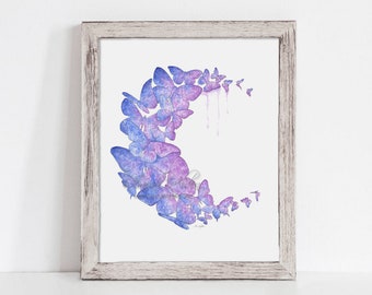 Moon Butterfly Art, Watercolor Butterfly Painting, Butterfly Print Butterflies Moon Art, Cute Moon Decor, Moon Child Witchy Bathroom Decor