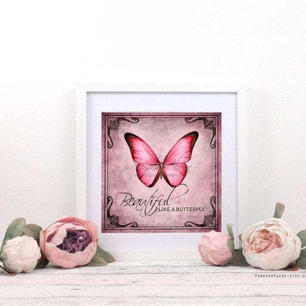 Pink Butterfly Art, Watercolor Butterfly Painting, Butterfly Quote, Girls Room Decor, Office Art, Butterfly Gift, Mothers Day Gift