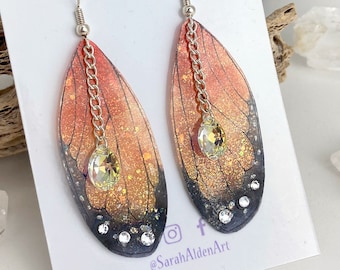 Monarch Butterfly Earrings, Fairy Wing, Fairy Earrings, Trendy Womens Fantasy Jewelry, Witch Fairycore Unique Dangly Earrings, Halloween Fae