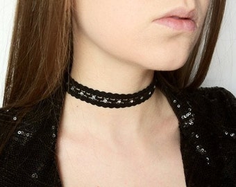 Rhinestone Choker Necklace for girl, Lolita Gothic Choker, Goth Lace Collar, Womens Black Lace Choker, Witchy Black Choker, Victorian Choker