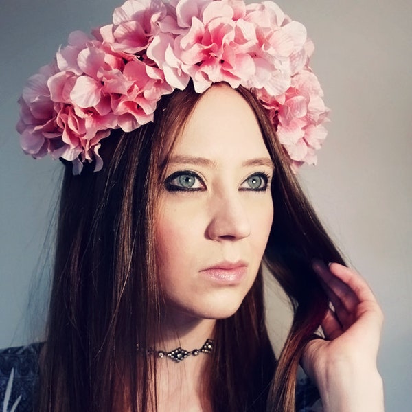 Pink Flower Crown, Bridal Headpiece, Floral Headband, Fairy Hair Flower, Wedding Accessory, Woodland Costume Hydrangea