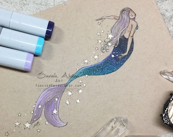 Galaxy Mermaid Print, Little Mermaid Art Wall Decor 5x7, Star Mermaid Decor Mermay Artwork, Mermaid Drawing Fantasy Art Print, Galaxy Art