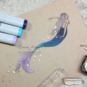 Galaxy Mermaid Print, Little Mermaid Art Wall Decor 5x7, Star Mermaid Decor Mermay Artwork, Mermaid Drawing Fantasy Art Print, Galaxy Art
