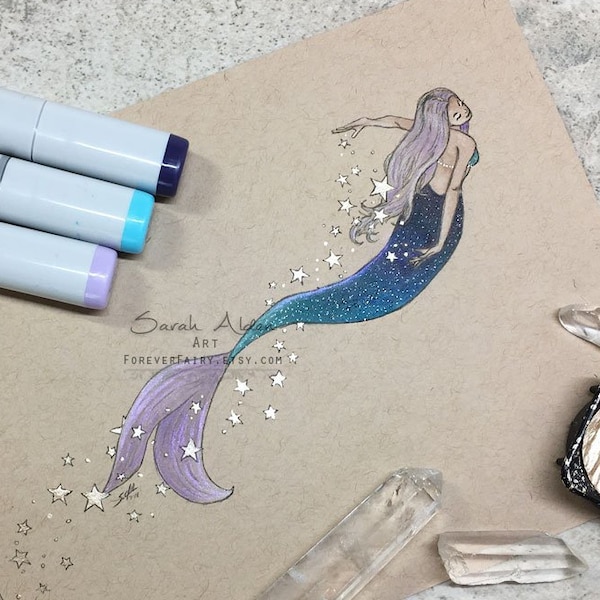 Galaxy Mermaid Print, Little Mermaid Art Wall Decor 5x7, Star Mermaid Decor Mermay Artwork, Mermaid Drawing Fantasy Art Print, Galaxy Art