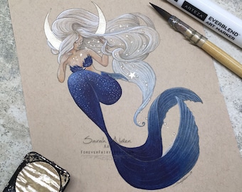 Crescent Moon Mermaid Print, Luna Little Mermaid Art, Celestial Mermay Print, Original Mermaid Painting Decor 5x7