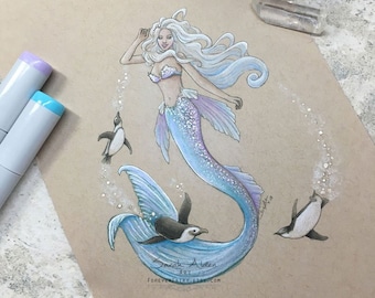 Penguin Mermaid Art, Mermaid Print, Penguin Art, Little Mermaid Painting, Cute Penguin Decor, Mermaid Drawing, Ocean Art