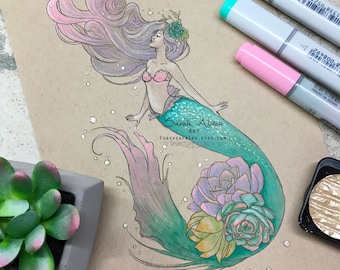 Succulent Mermaid Art, Fantasy Mermaid Print, Succulent Botanical Decor, Succulent Painitng, Mermaid Painting