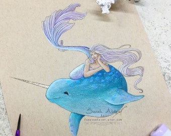 Narwhal Mermaid Art, Narwhal Print, Little Mermaid Painting, Narwhal Art, Cute Room Decor, Mermaid Bathroom, Sealife Beach Decor