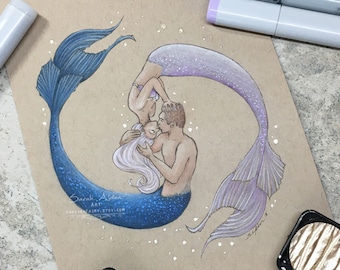 Mermaid Art, Mermaid Couple Painting, Yin Yang Couples, Lovers Painting, Mermaid Print of Mermaid Kisses, Mermaid Painting