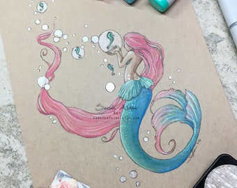 Seahorse Mermaid Art, Seahorse Painting, Little Mermaid Decor, Bubbles Mermaid Print, Cute Seahorse Decor, Mermaid Painting Beach Girls Room