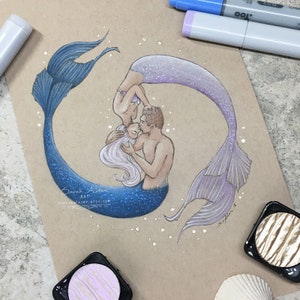Mermaid Art, Mermaid Couple Painting, Yin Yang Couples, Lovers Painting, Mermaid Print of Mermaid Kisses, Mermaid Painting