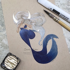 Crescent Moon Mermaid Print, Luna Little Mermaid Art, Celestial Mermay Print, Original Mermaid Painting Decor 5x7