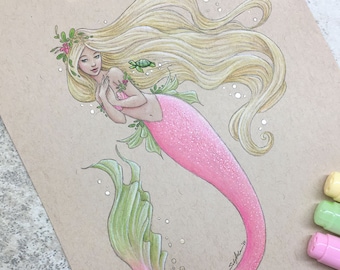 Lámina artística de sirena rosa, arte de tortuga, pintura de sirena adorable, arte infantil para niñas, decoración playera de sirena con estampado de fantasía, decoración de sirena para pared de baño