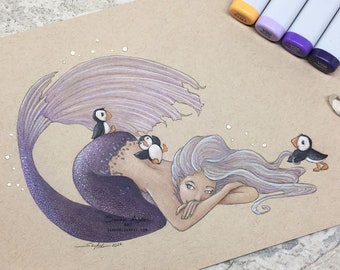 Puffin Art, Fantasy Mermaid Art Print, Mermaid Painting, Coastal Beach Decor, Bird Art, Mermaid Nursery Girls Room Decor Bathroom