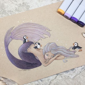 Puffin Art, Fantasy Mermaid Art Print, Mermaid Painting, Coastal Beach Decor, Bird Art, Mermaid Nursery Girls Room Decor Bathroom