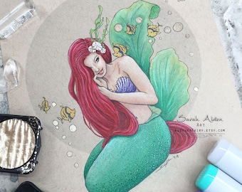 Mermaid Painting, Mermaid Art, Mermaid Print, Mermaid Decor, Flounder Fish, Fantasy Mermaid Wall Art Ocean Bathroom Decor, Beach House Art