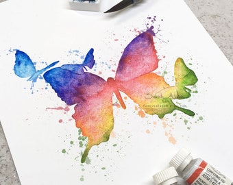 Impresión del arco iris de la mariposa, pintura del arco iris de las mariposas, decoración adolescente de la mariposa de la acuarela, decoración del arco iris de los niños, arte de la pared de la mariposa del orgullo