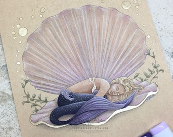 Seashell Mermaid Art, Sleeping Mermaid Print, Clam Shell Mermaid Painting Decor, Asleep Dreaming, Seashell Art Mermaid Nursery Art