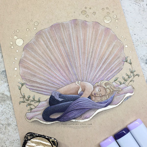 Seashell Mermaid Art, Sleeping Mermaid Print, Clam Shell Mermaid Painting Decor, Asleep Dreaming, Seashell Art Mermaid Nursery Art