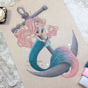 Anchor Mermaid Art, Teal Mermaid Print, Sailor Mermaid Painting, Nautical Anchor Art Print, Ocean Decor Beach House Girls Room