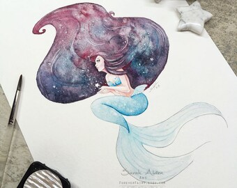 Galaxy Mermaid Art, Little Mermaid Painting, Fantasy Mermaid Print, Watercolor Galaxy Art, Cosmos Painting Stars, Mermaid Decor