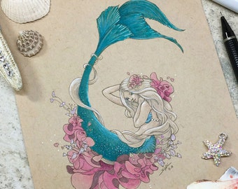 Flower Mermaid Art, Little Mermaid Print, Original Mermaid Painting, Mermay Drawing, Ocean Beach Decor, Tropical Mermaid Decor Girls Room