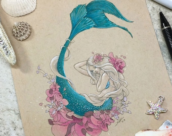 Flower Mermaid Art, Little Mermaid Print, Original Mermaid Painting, Mermay Drawing, Ocean Beach Decor, Tropical Mermaid Decor Girls Room