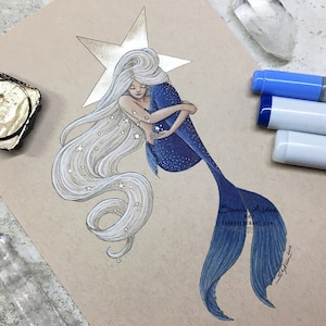 Star Mermaid Print, Fantasy Art Print, Dreamy Mermaid Art, Whimsical Mermaid Painting, Girls Bathroom Mermaid Decor 5x7