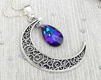 Crystal Moon Necklace, Half Moon Necklace, Crescent Moon Jewelry, Moon Gift Womens Celestial Jewelry Moon Charm Witchy Jewelry Swarovski