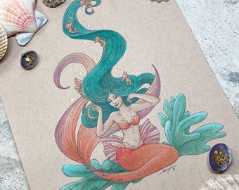 Seahorse Mermaid Art, Mermaid Print, Seahorse Print, Mermaid Bathroom Decor, Beach Art, Mermaid Painting, Fantasy Wall Art