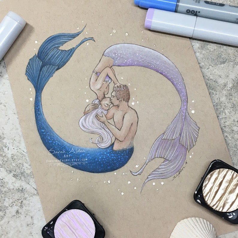 Mermaid Art, Mermaid Couple Painting, Yin Yang Couples, Lovers Painting, Mermaid Print of Mermaid Kisses, Mermaid Painting image 1