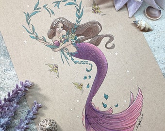 Heart Mermaid Print, Mermaid Painting, Floral Decor, Flower Painting, Floral Heart Sign, Coastal Decor, Mermaid Gifts, Plant Art Fish