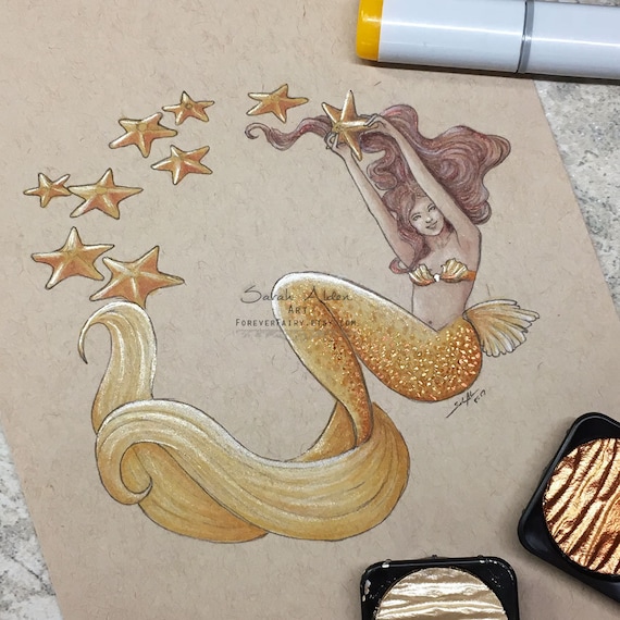 Starfish Mermaid Print, Little Mermaid Art, Tropical Mermaid Beach Decor, Gold Mermaid Painting, Fantasy Art, Gold Starfish Art Girls Room