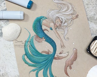 Fantasy Mermaid Art, Sea Otter Print, Cute Little Mermaid Painting, Whimsical Girls Room Decor, Mermay Drawing