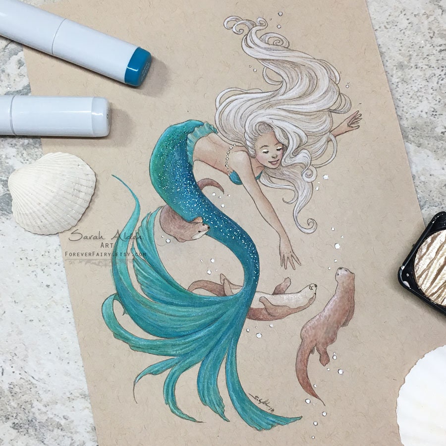 Cute Fantasy Mermaid in The Sea with Animals Coloring Set