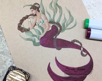 Princess Leia Mermaid Painting, Mermaid Art, Little Mermaid Print, Mermaid Decor,  Star Art, Fantasy Mermaid Bathroom Decor Poster 8x10