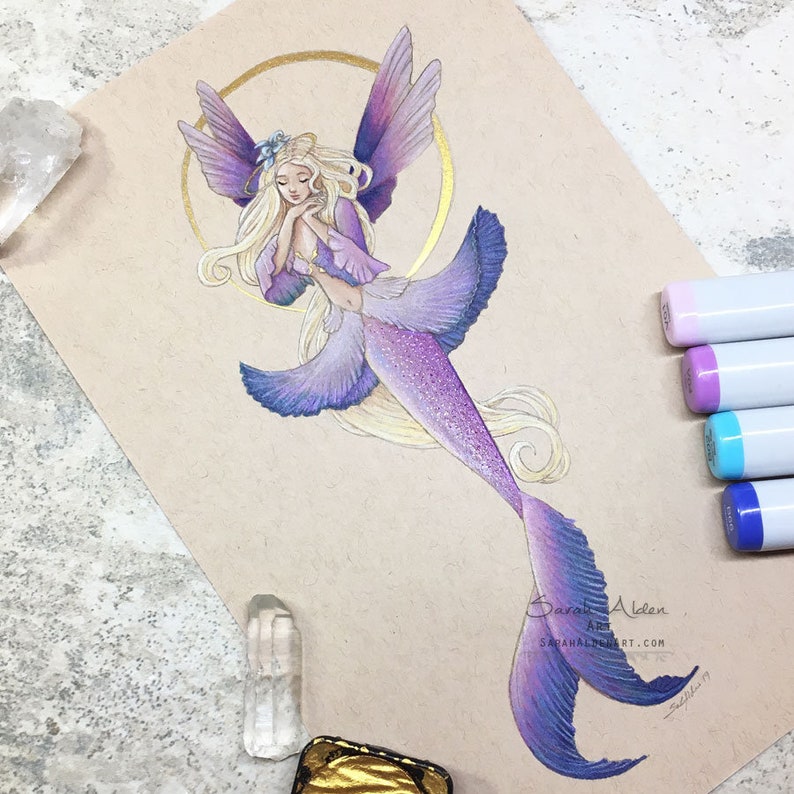 Fairy Mermaid Art, Fae Fantasy Print, Queen Mermaid Painting, Faerie Girls Room Decor, Mucha Anime Fairy Art, Beach House Art image 2