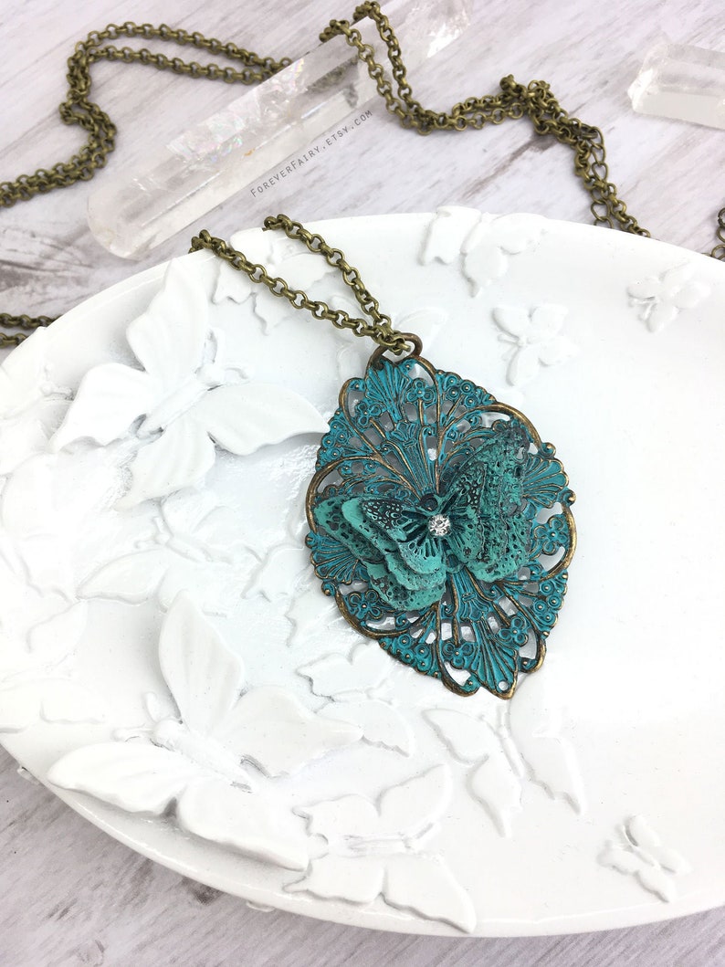 Handmade Butterfly Necklace, Vintage Butterfly Jewelry, Artisan Filigree Pendant, Fairy Fantasy Cottagecore Necklace for Women 30 inch Chain image 6