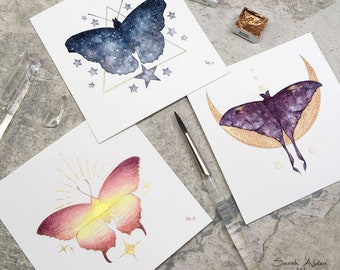 Custom Original Watercolor Butterfly Painting, Custom Painting, Mini Original 4x4 inch, Luna Moth Decor, Butterfly Art, Witchy Cottagecore