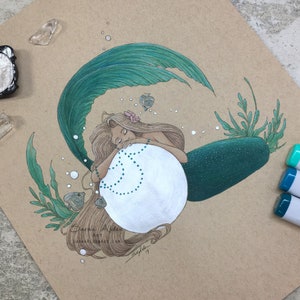 Pearl Mermaid Art, Teal Mermaid Print, Mermaid Nursery Art, Cute Mermaid Painting Decor, Tropical Beach House Decor Bathroom Art 5x7