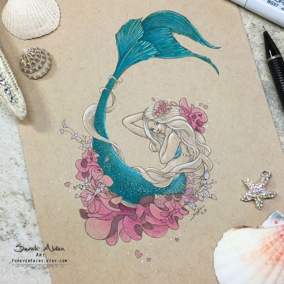 Flower Mermaid Art Little Mermaid Print Original Mermaid Painting Mermay Drawing Ocean Beach Decor Tropical Mermaid Decor Girls Room