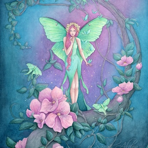 May include: A watercolor painting of a fairy with green wings and a long green dress standing on a branch with pink flowers. The fairy has pink hair and is holding her hand to her cheek. The background is a blue and purple sky with green leaves and butterflies.