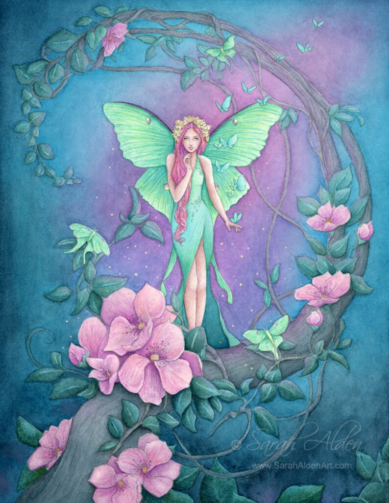 May include: A watercolor painting of a fairy with green wings and a long green dress standing on a branch with pink flowers. The fairy has pink hair and is holding her hand to her cheek. The background is a blue and purple sky with green leaves and butterflies.