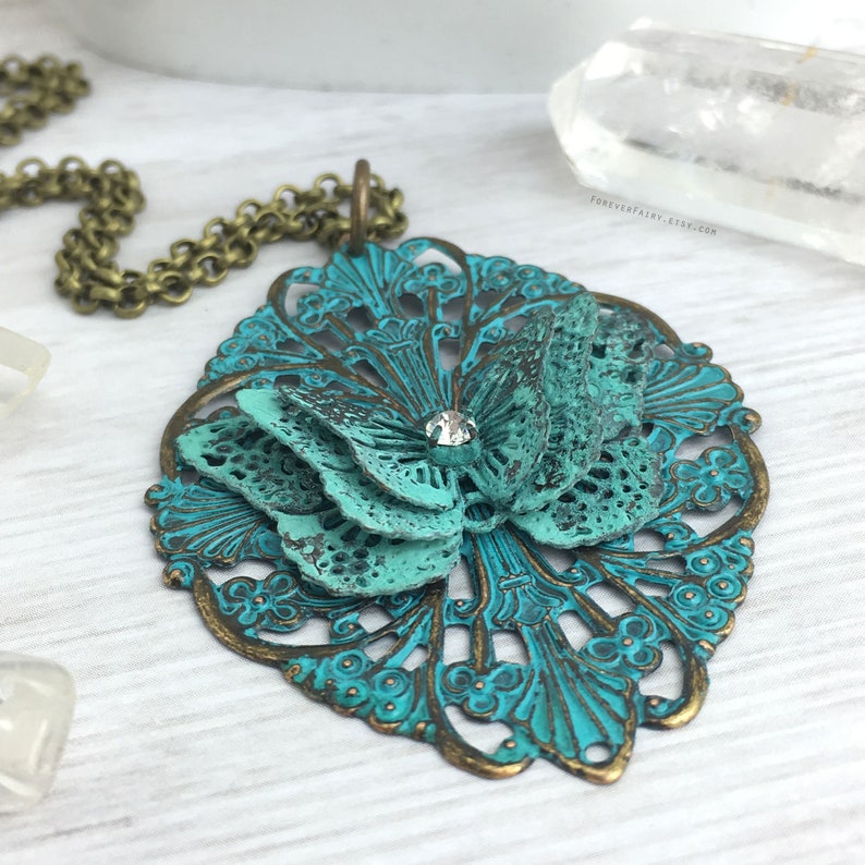 Handmade Butterfly Necklace, Vintage Butterfly Jewelry, Artisan Filigree Pendant, Fairy Fantasy Cottagecore Necklace for Women 30 inch Chain image 3