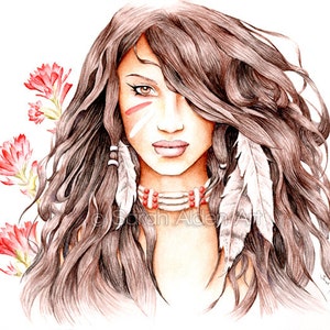 Puede incluir: Una pintura de acuarela de una mujer nativa americana con cabello largo y casta&ntilde;o, que lleva un pendiente de pluma blanca y un collar de cuentas. Tiene una raya blanca pintada en la cara y mira directamente al espectador. El fondo es blanco con flores rojas.