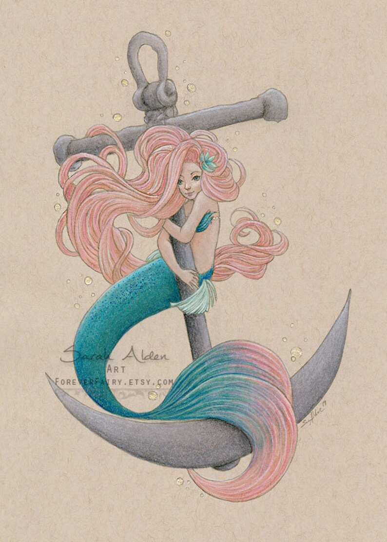 Anchor Mermaid Art Teal Mermaid Print Sailor Mermaid - Etsy