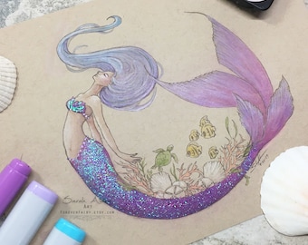 Glitter Mermaid Art, Reef Mermaid Print, Glitter Wall Art, Coral Mermaid Painting, Fish Turtle Art, Beach Ocean Decor, Coral Reef Print